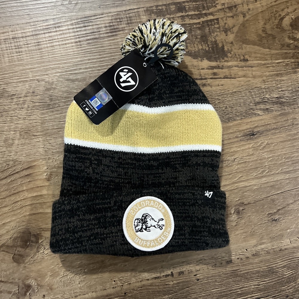 Colorado buffaloes‎ Beanie Black Yellow Cream With Pompom and Patch Logo New!